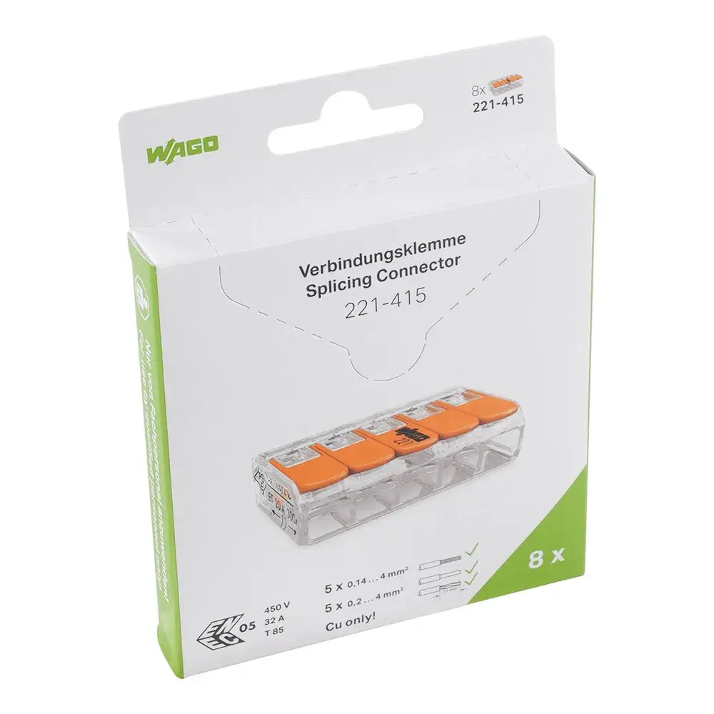 WAGO Verbindingsklem 5-voudig 4mm² 221-412 - 8 stuks WAGO Verbindingsklem 5-voudig 4mm² 221-412 - 8 stuks