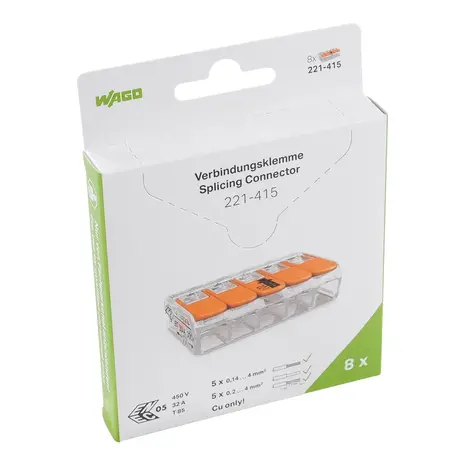 WAGO Verbindingsklem 5-voudig 4mm² 221-412 - 8 stuks WAGO Verbindingsklem 5-voudig 4mm² 221-412 - 8 stuks