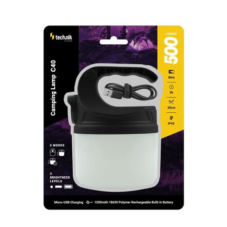 Technik Campinglantaarn C40 LM/XPE LED + micro-USB - 350lm IP65 (+1x18650 1200mAh) Technik Campinglantaarn C40 LM/XPE LED + micro-USB - 350lm IP65 (+1x18650 1200mAh)