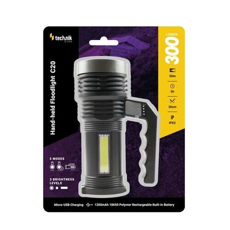 Technik Zaklamp C20 XPE LED + micro USB - 100 lm IP44 (+1x18650 800mAh) Technik Zaklamp C20 XPE LED + micro USB - 100 lm IP44 (+1x18650 800mAh)