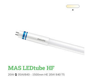 Philips officieel distributeur LED Buis T5 MASTER (HF) High Efficiency 20W 3000lm - 840 Koel Wit | 145cm - Vervangt 35W