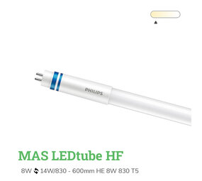Philips officieel distributeur LED Buis T5 MASTER (HF) High Efficiency 8W 1050lm - 865 Daglicht | 55cm - Vervangt 14W