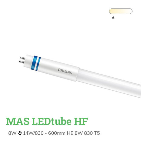 Philips LED Buis T5 MASTER (HF) High Efficiency 8W 1050lm - 865 Daglicht | 55cm - Vervangt 14W Philips LED Buis T5 MASTER (HF) High Efficiency 8W 1050lm - 865 Daglicht | 55cm - Vervangt 14W