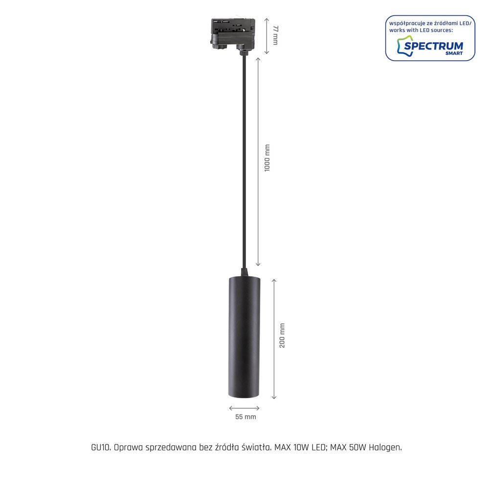 Spectrum 3-Fase Spanningsrail Hanglamp GU10 Fitting | Madara Tube Mat Zwart - 3 phase - pendel 1 Meter