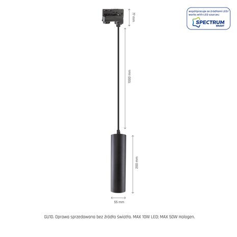 Spectrum 3-Fase Spanningsrail Hanglamp GU10 Fitting | Madara Tube Mat Zwart - 3 phase - pendel 1 Meter