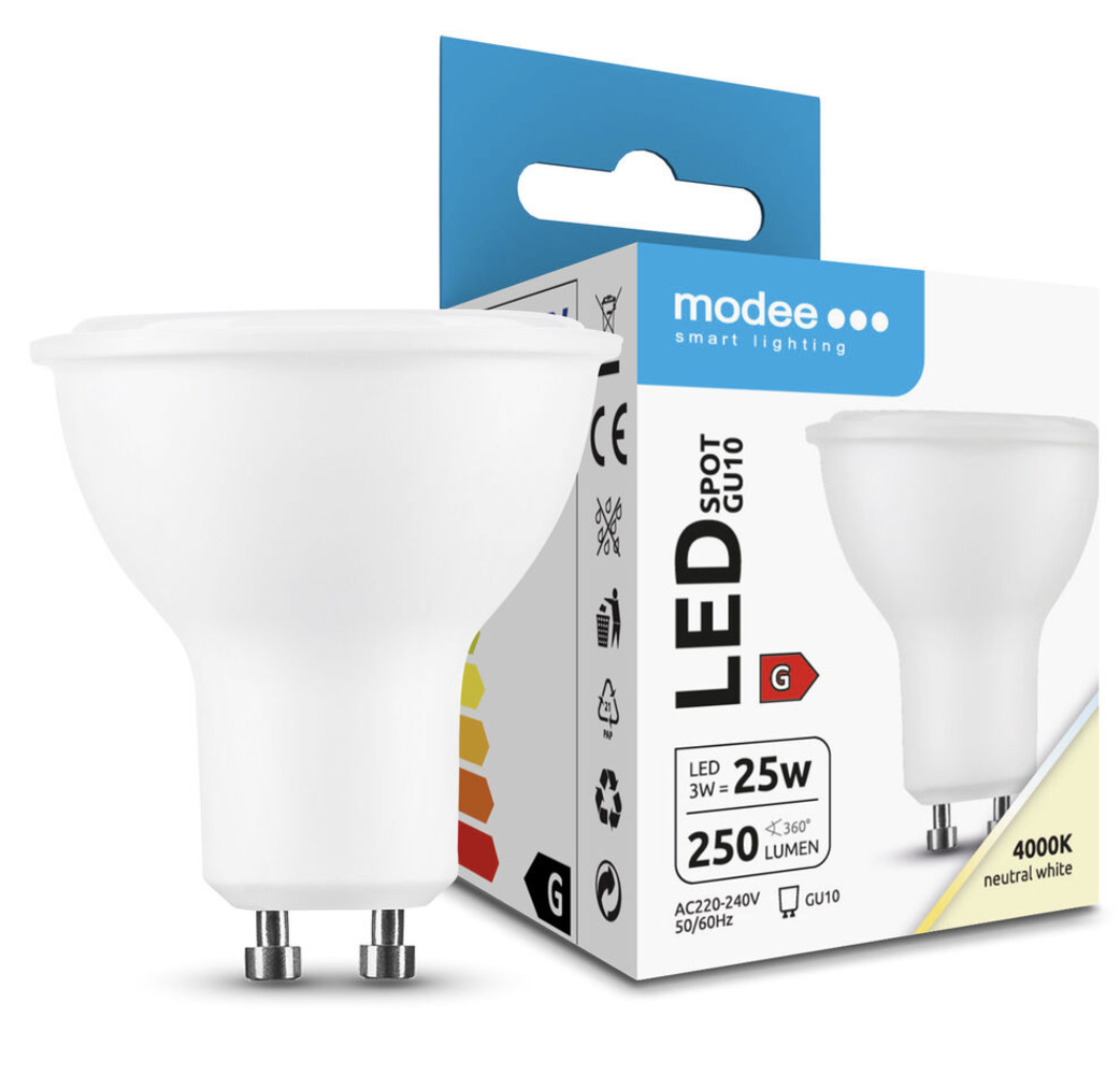 Modee LED spot GU10 - 3W vervangt 25W - 4000K helder wit licht Modee LED spot GU10 - 3W vervangt 25W - 4000K helder wit licht