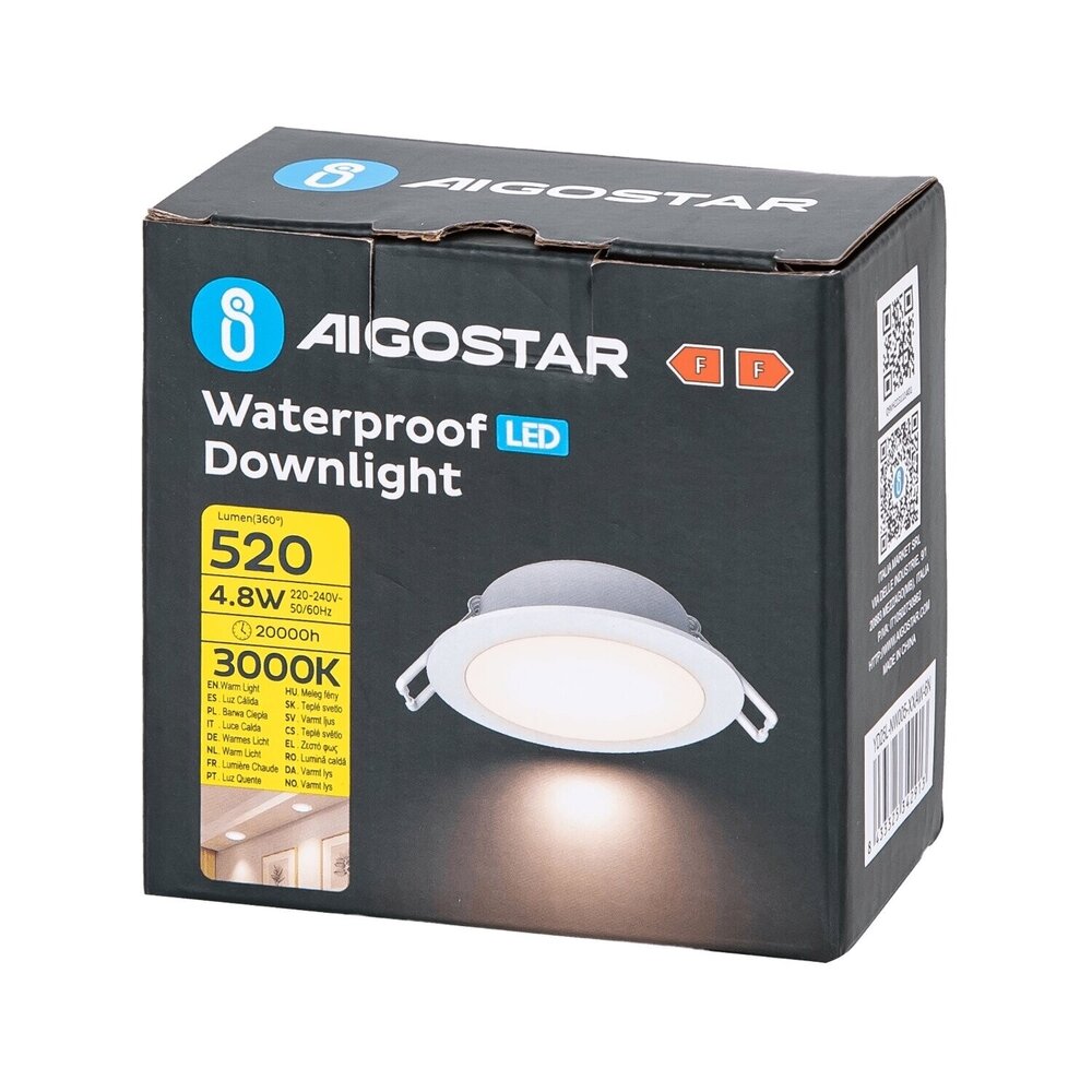 Aigostar LED inbouwspot badkamer - 4,8W 520lm - 3000K - zaagmaat 68mm buitenmaat 87mm Aigostar LED inbouwspot badkamer - 4,8W 520lm - 3000K - zaagmaat 68mm buitenmaat 87mm