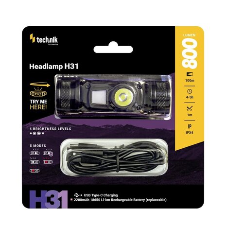 Technik Professionele Hoofdlamp H31 - Ingebouwde batterij - Inclusief Rood licht - USB-C - 800 lumen Technik Professionele Hoofdlamp H31 - Ingebouwde batterij - Inclusief Rood licht - USB-C - 800 lumen