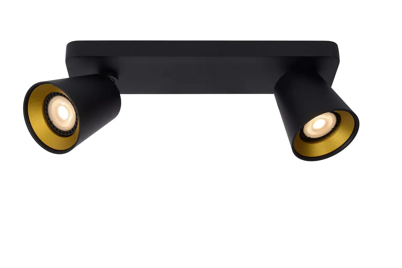 Lucide LED Plafondspot - TURNON Matt Zwart / Goud- 2-Lichts GU10 Fitting - DTW Dim to warm - 2x5W 660Lm - 2000-3000K | Dimbaar DTW Dimtone