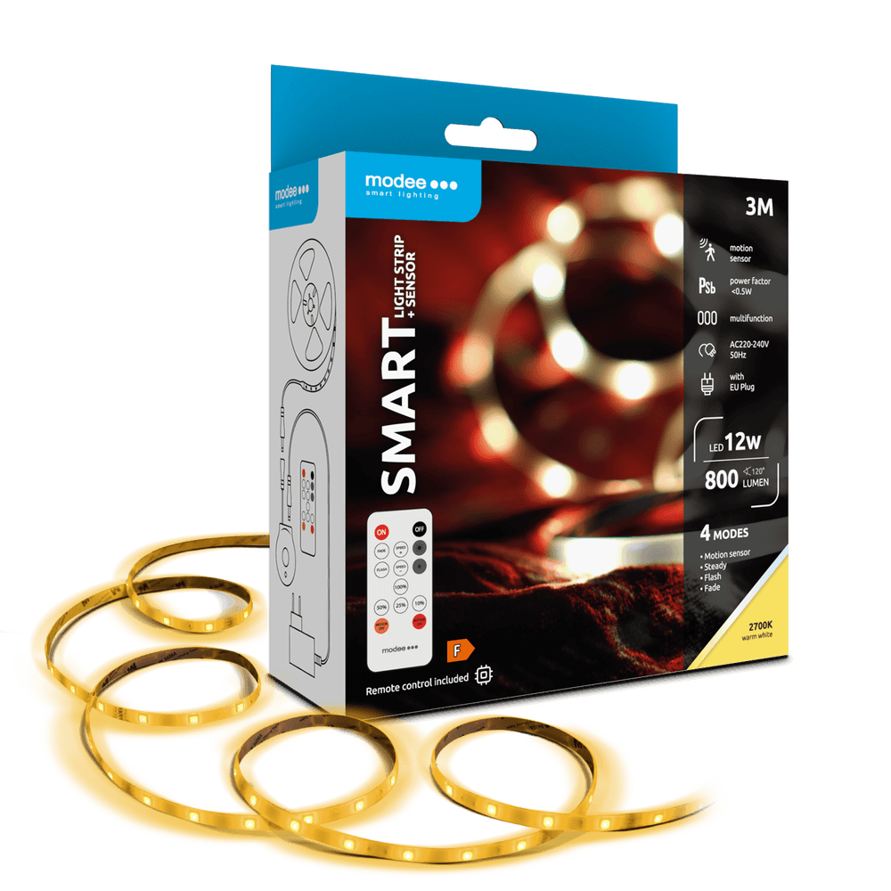 Modee LED Strip 3m 12W 2700K Complete Set met Afstandsbediening en Sensor Modee LED Strip 3m 12W 2700K Complete Set met Afstandsbediening en Sensor