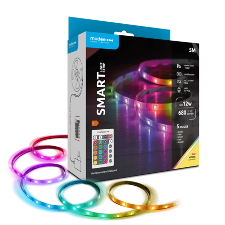 Modee LED Strip 5m 12W RGB+2700K Complete Set met Afstandsbediening Modee LED Strip 5m 12W RGB+2700K Complete Set met Afstandsbediening