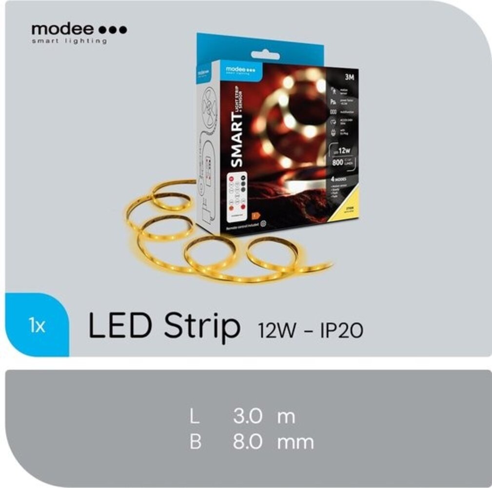 Modee LED Strip 3m 12W 2700K Complete Set met Afstandsbediening en Sensor Modee LED Strip 3m 12W 2700K Complete Set met Afstandsbediening en Sensor