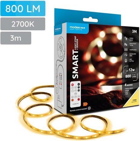 Modee LED Strip 3m 12W 2700K Complete Set met Afstandsbediening en Sensor Modee LED Strip 3m 12W 2700K Complete Set met Afstandsbediening en Sensor