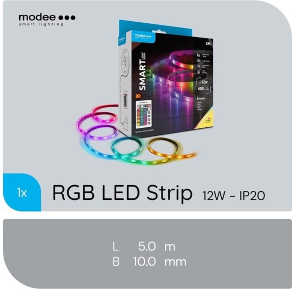 Modee LED Strip - 5m 12W - RGB+2700K - Complete set - Incl. afstandsbediening Modee LED Strip - 5m 12W - RGB+2700K - Complete set - Incl. afstandsbediening