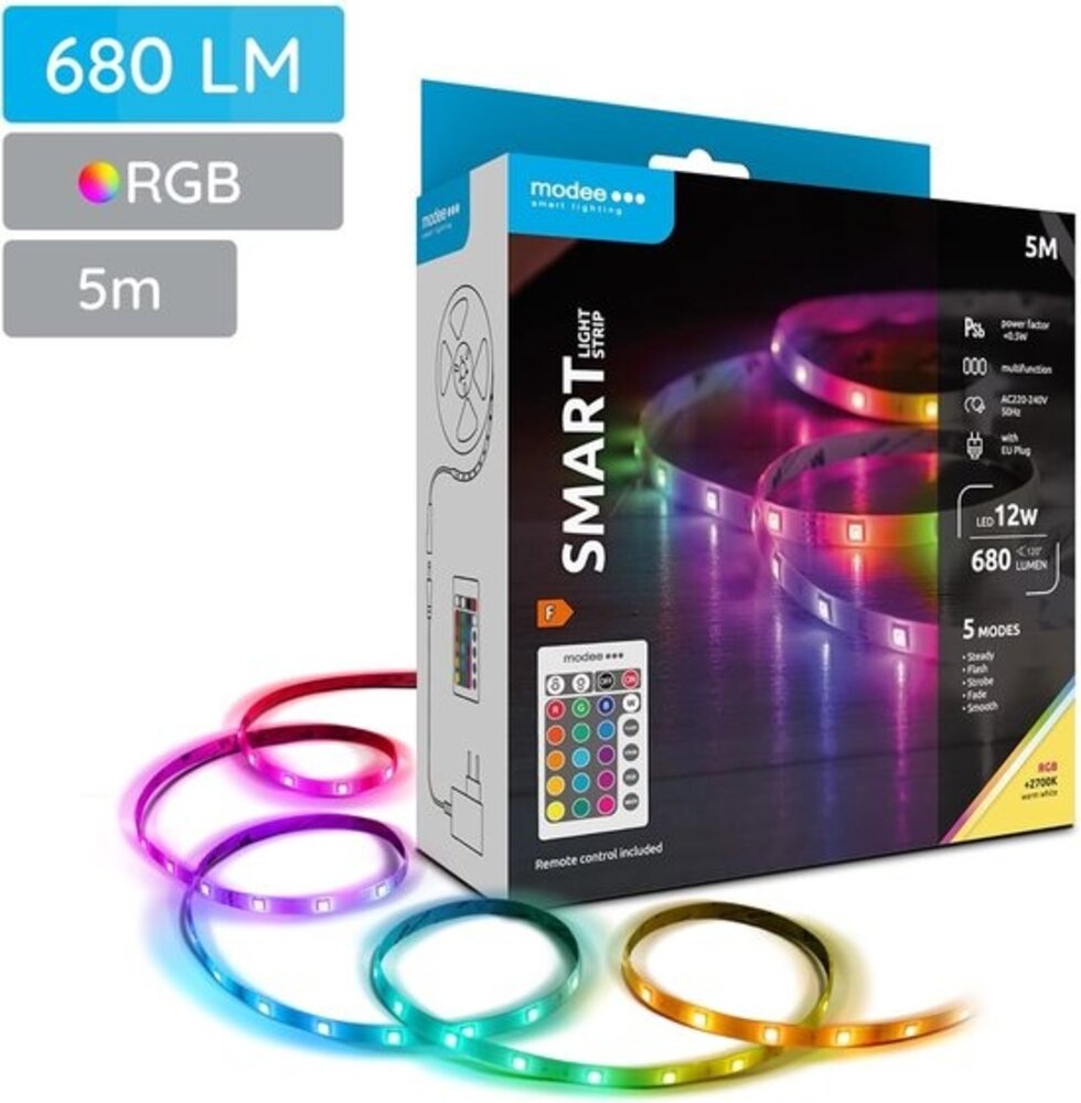 Modee LED Strip 5m 12W RGB+2700K Complete Set met Afstandsbediening Modee LED Strip 5m 12W RGB+2700K Complete Set met Afstandsbediening