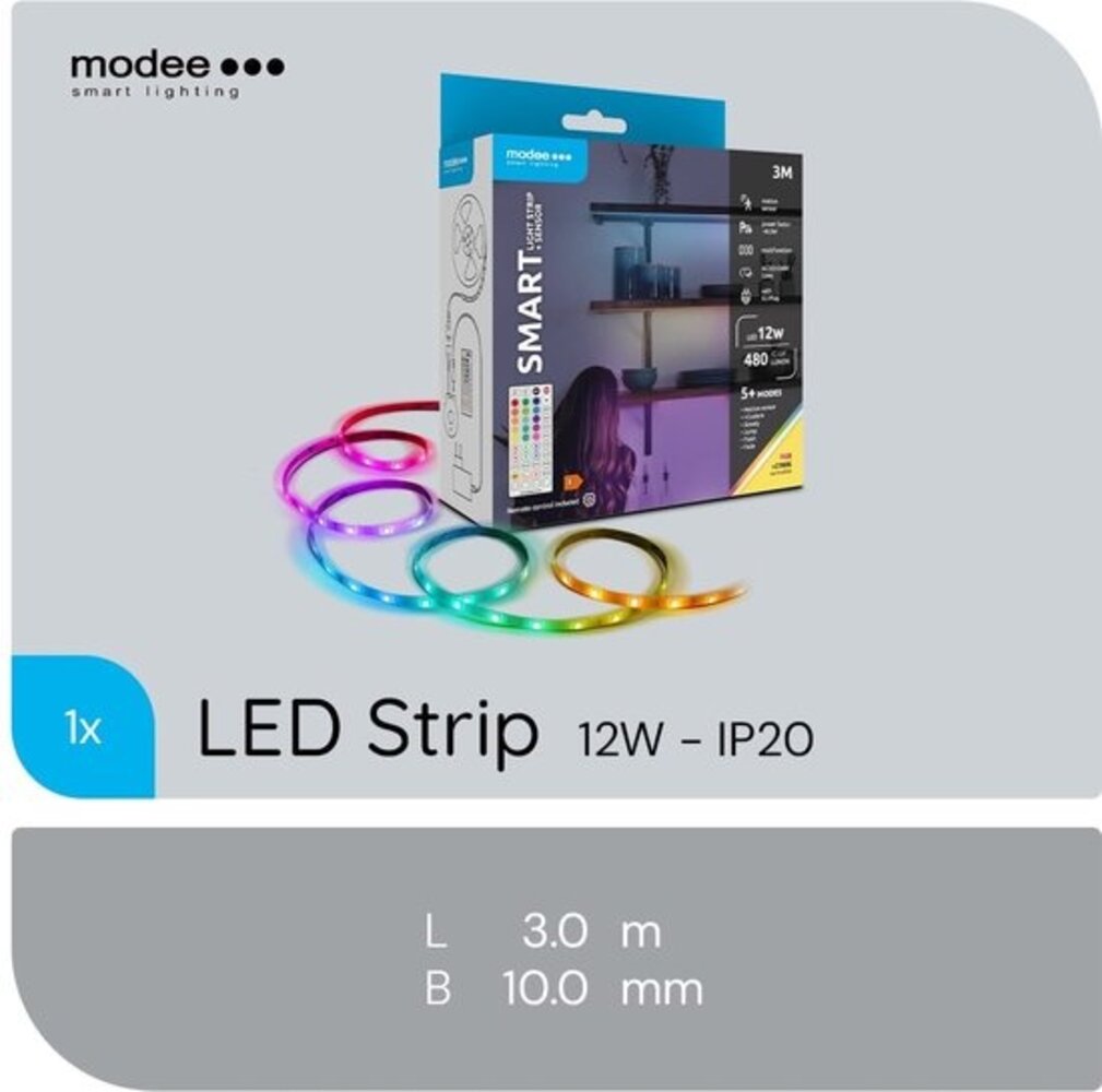 Modee LED Strip - 3m 12W - RGB+2700K - Complete set - Incl. afstandsbediening en sensor