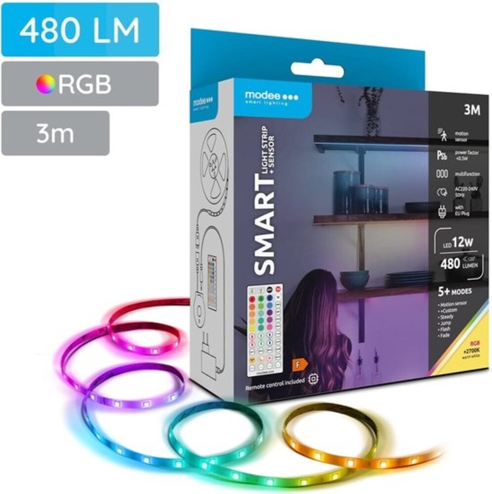 Modee LED Strip 3m 12W RGB+2700K Complete Set met Afstandsbediening en Sensor Modee LED Strip 3m 12W RGB+2700K Complete Set met Afstandsbediening en Sensor