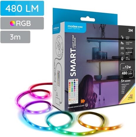 Modee LED Strip - 3m 12W - RGB+2700K - Complete set - Incl. afstandsbediening en sensor