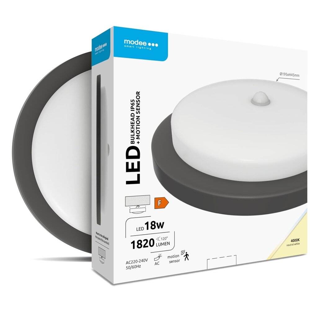 Modee LED Bulkhead - PIR sensor - 18W 1820lm - 4000K - D195x45mm - IP65 - Zwart
