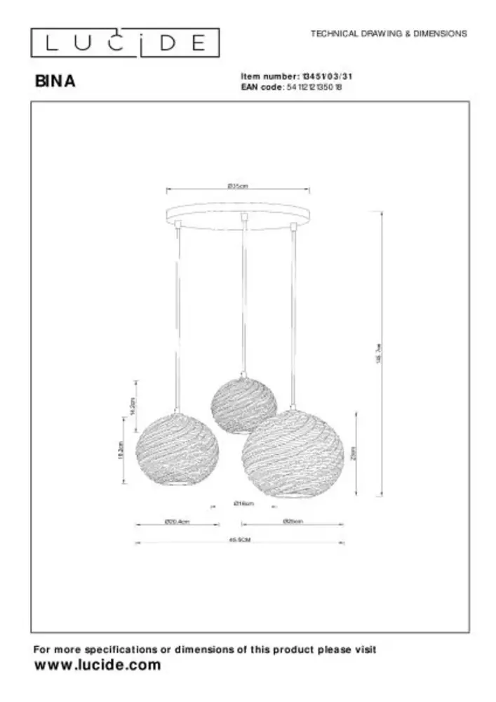 Lucide  LED Hanglamp - BINA - Ø40cm – 3x E27 – Porselein – Dimbaar – Witte Plafondlamp – Geschikt voor LED Lucide  LED Hanglamp - BINA - Ø40cm – 3x E27 – Porselein – Dimbaar – Witte Plafondlamp – Geschikt voor LED