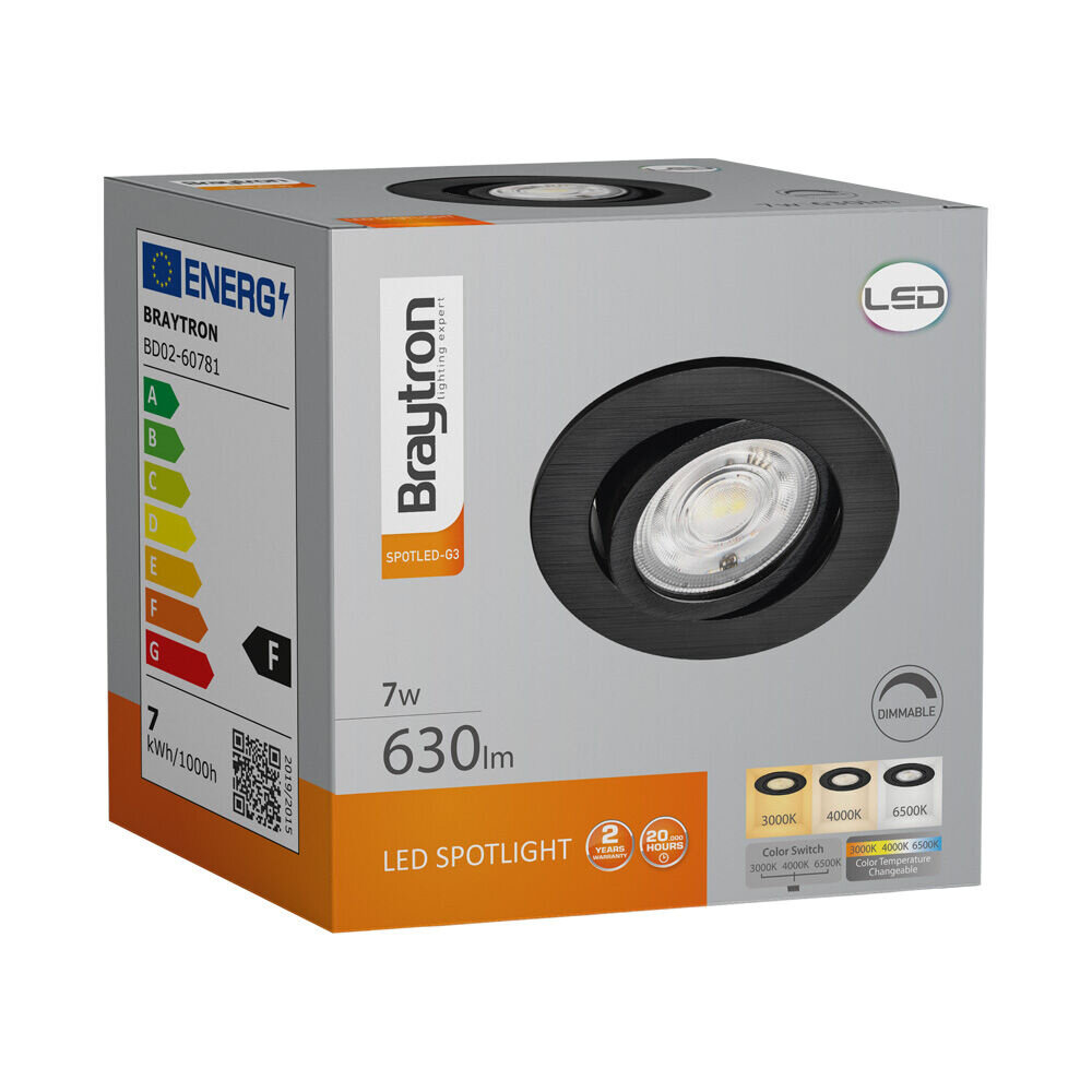 Braytron LED inbouwspot - 7W  DIM CCT - Zaagmaat 70mm - Buitenmaat 85mm - Zwart Braytron LED inbouwspot - 7W  DIM CCT - Zaagmaat 70mm - Buitenmaat 85mm - Zwart