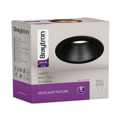 Braytron LED Inbouwspot zwart - Zaagmaat 74mm - Buitenmaat 85mm - excl. lichtbron Braytron LED Inbouwspot zwart - Zaagmaat 74mm - Buitenmaat 85mm - excl. lichtbron