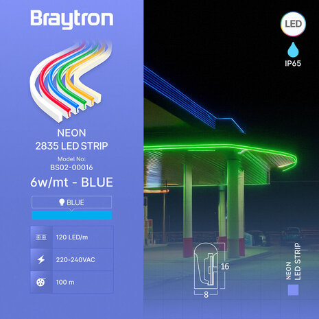 Braytron LED Strip - 100m - 230V AC - 6W 350lm p/m - Blauw - Neon - IP65 Braytron LED Strip - 100m - 230V AC - 6W 350lm p/m - Blauw - Neon - IP65