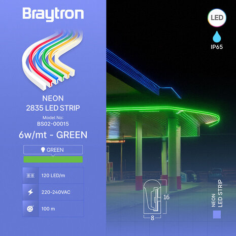 Braytron LED Strip - 100m - 230V AC - 6W 350lm p/m - Groen - Neon - IP65 Braytron LED Strip - 100m - 230V AC - 6W 350lm p/m - Groen - Neon - IP65