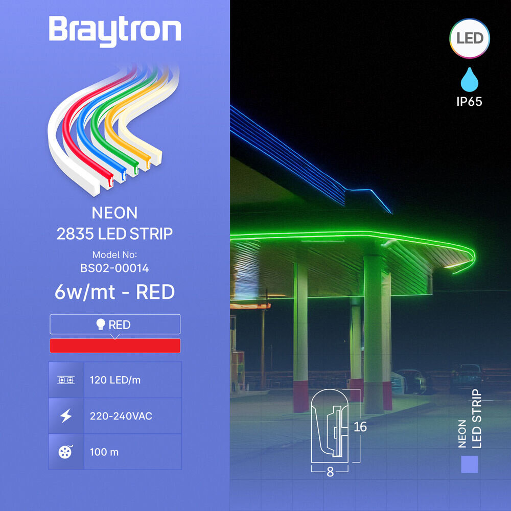 Braytron LED Strip - 100m - 230V AC - 6W 350lm p/m - Rood - Neon - IP65 Braytron LED Strip - 100m - 230V AC - 6W 350lm p/m - Rood - Neon - IP65