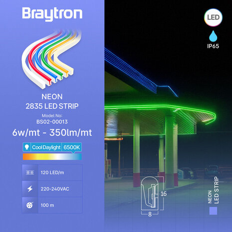 Braytron LED Strip - 100m - 230V AC - 6W 350lm p/m - 6500K 865 - Neon - IP65 Braytron LED Strip - 100m - 230V AC - 6W 350lm p/m - 6500K 865 - Neon - IP65