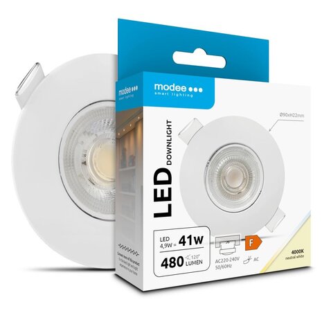 Modee LED inbouwspot Wit- 4,9W vervangt 41W - 480lm - 4000K - Kantelbaar - Niet Dimbaar - D90xH22mm Modee LED inbouwspot Wit- 4,9W vervangt 41W - 480lm - 4000K - Kantelbaar - Niet Dimbaar - D90xH22mm