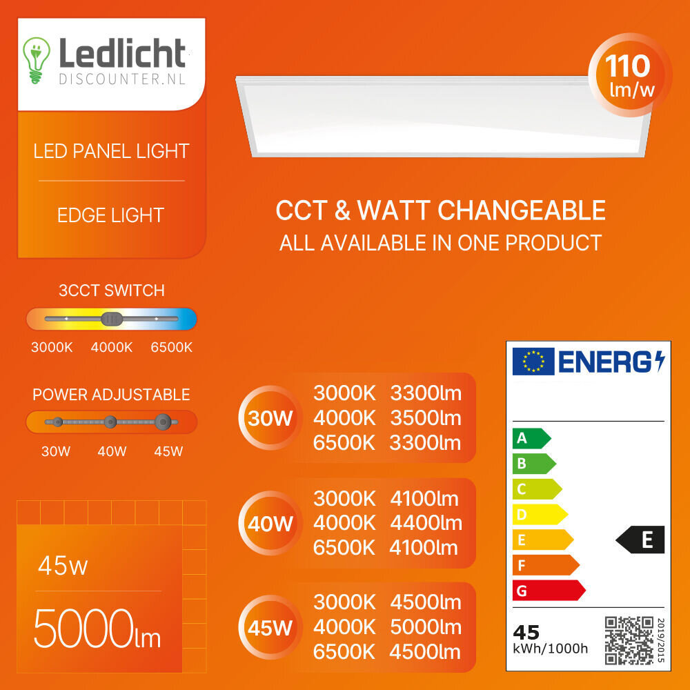 Braytron LED paneel 120x30cm - 30/40/45W 110lm p/w - CCT - UGR<22 Braytron LED paneel 120x30cm - 30/40/45W 110lm p/w - CCT - UGR<22