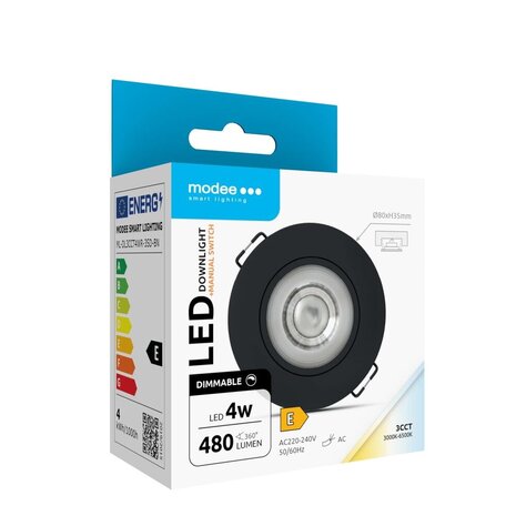Modee Dimbare LED inbouwspot IP44  - Zwart 80MM - 4W 480Lm  - 3CCT - 3000K/4000K/6500K - Kantelbaar | Zaagmaat 68MM