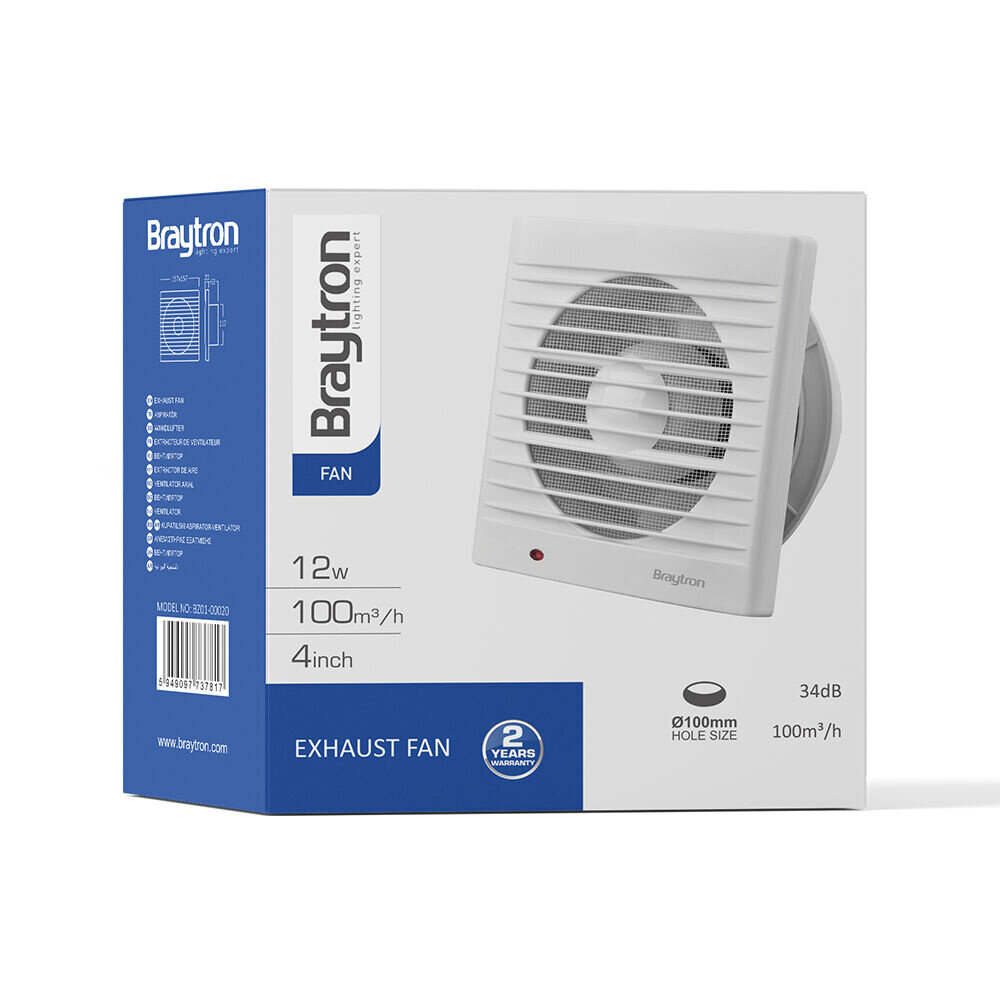 Braytron Badkamerventilator afzuigventilator - Zaagmaat 100mm - Buitenmaat 157mm - 12W - 34 dB Braytron Badkamerventilator afzuigventilator - Zaagmaat 100mm - Buitenmaat 157mm - 12W - 34 dB