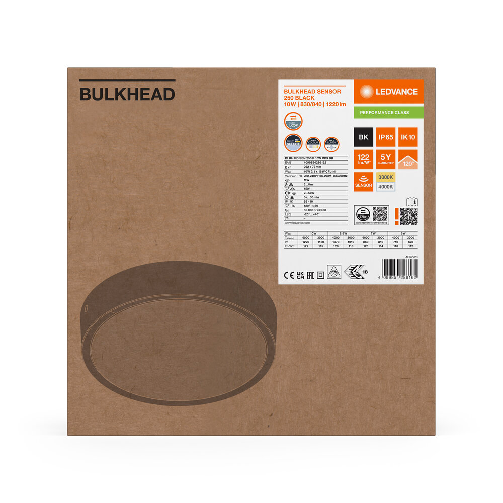 Ledvance LED Plafondlamp Rond Zwart 10W 1220lm - 830-840 CCT | 262mm - IP65 - Bewegings- en Lichtsensor Ledvance LED Plafondlamp Rond Zwart 10W 1220lm - 830-840 CCT | 262mm - IP65 - Bewegings- en Lichtsensor