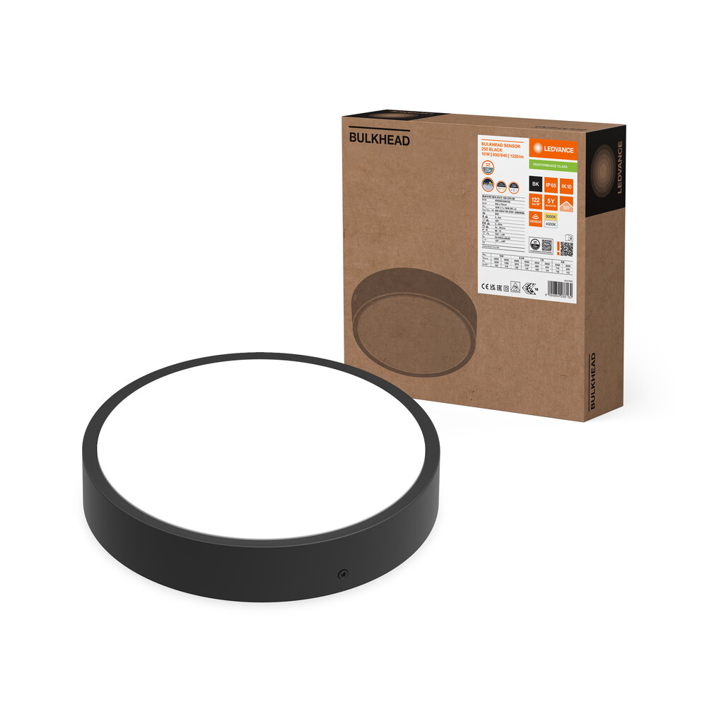 Ledvance LED Plafondlamp Rond Zwart 10W 1220lm - 830-840 CCT | 262mm - IP65 - Bewegings- en Lichtsensor Ledvance LED Plafondlamp Rond Zwart 10W 1220lm - 830-840 CCT | 262mm - IP65 - Bewegings- en Lichtsensor