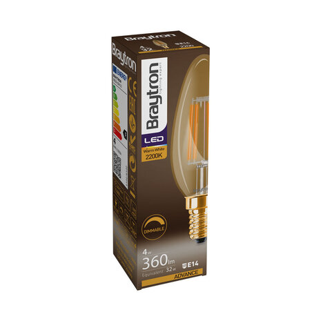 Braytron LED Filament Lamp - E14 C35 - 4W 360lm - 2200K Extra warm wit | Dimbaar Braytron LED Filament Lamp - E14 C35 - 4W 360lm - 2200K Extra warm wit | Dimbaar