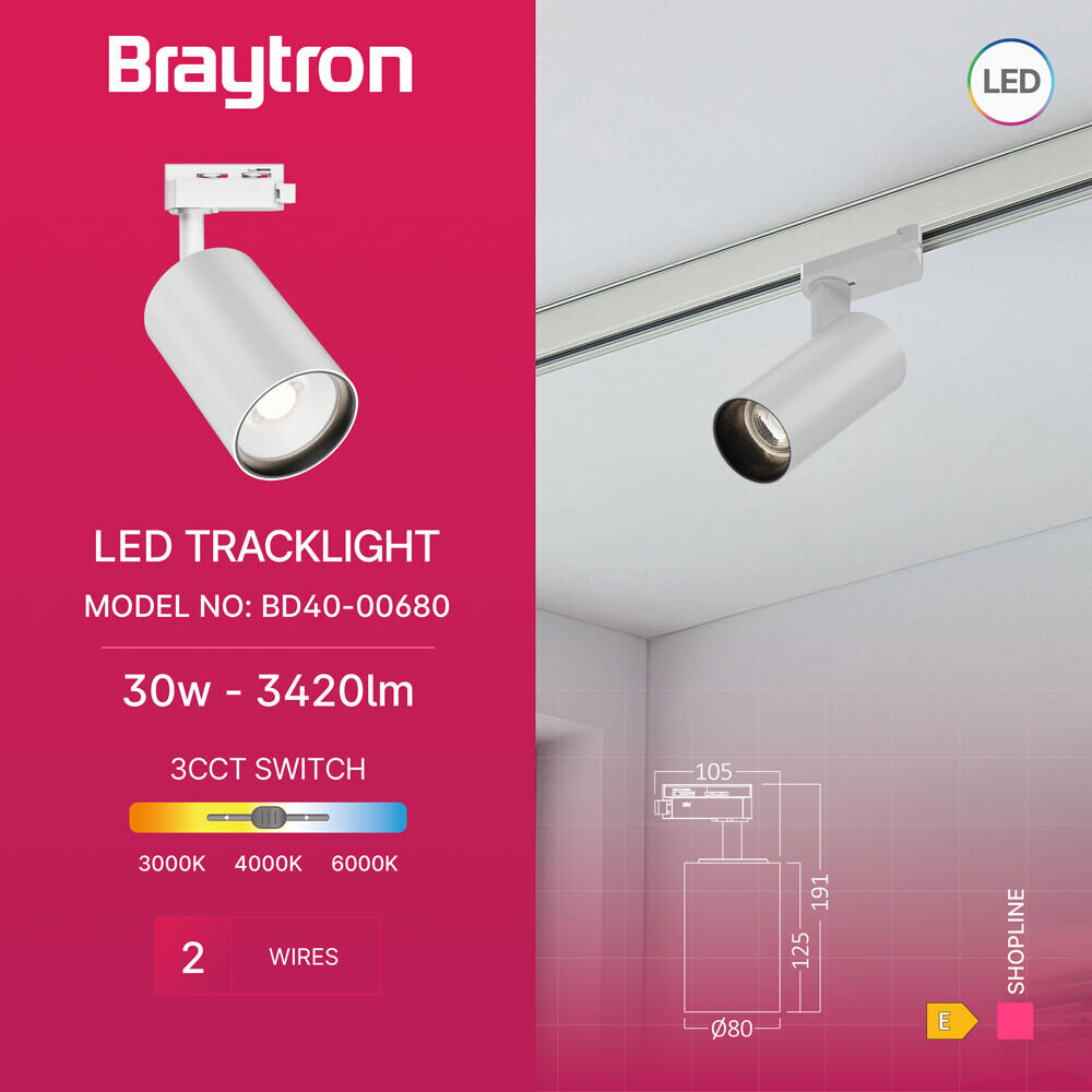 Braytron LED Railspot 1-Fase - Wit - 30W 2960lm - 3CCT - 3000K/4000K/6000K | 2 Jaar garantie