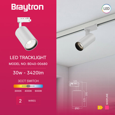 Braytron LED Railspot 1-Fase - Wit - 30W 2960lm - 3CCT - 3000K/4000K/6000K | 2 Jaar garantie