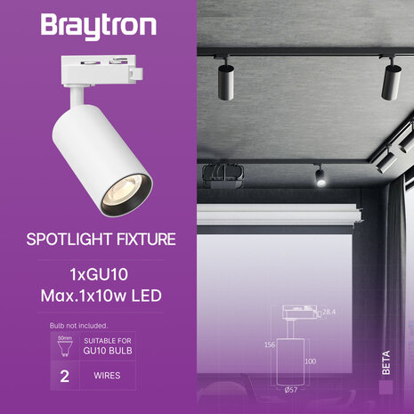 Braytron 1-Fase Spanningsrail - Railspot - GU10 - 57x100mm - Wit - Aluminium