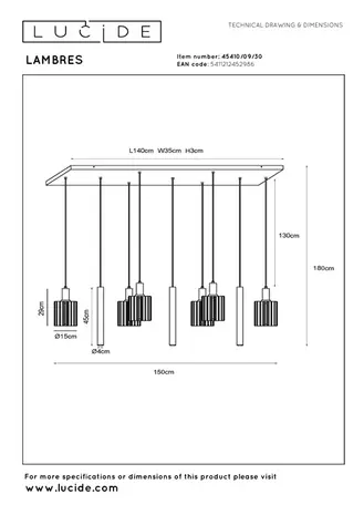 Lucide Hanglamp – 6xE27 – Rechthoek – Zwart – Aluminium – In Hoogte Verstelbaar 50–180 cm – Dimbaar – 2 Jaar Garantie Lucide Hanglamp – 6xE27 – Rechthoek – Zwart – Aluminium – In Hoogte Verstelbaar 50–180 cm – Dimbaar – 2 Jaar Garantie