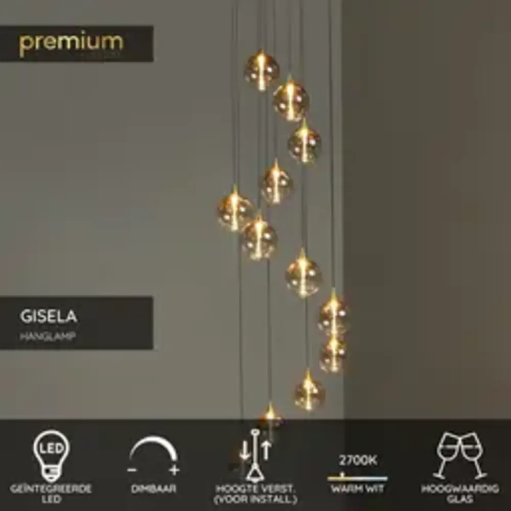 Lucide LED Hanglamp Gisela – Ø61 cm – 12×3,5W – 3360 Lumen – 2700K – Dimbaar – Amber Glas – Ovaal – In hoogte verstelbaar – Premium Lucide LED Hanglamp Gisela – Ø61 cm – 12×3,5W – 3360 Lumen – 2700K – Dimbaar – Amber Glas – Ovaal – In hoogte verstelbaar – Premium