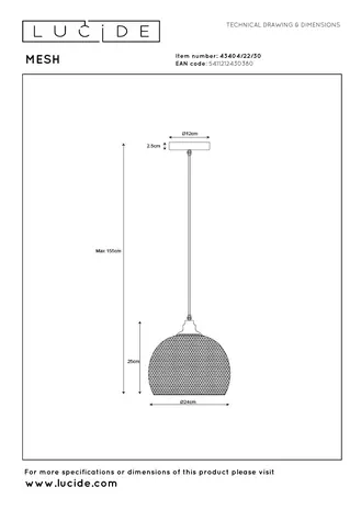 Lucide MESH Hanglamp-Zwart-Ø22-1xE27-60W-Metaal