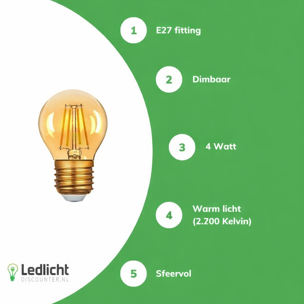 LCB LED Filament lamp dimbaar - E27 G45 - 4W vervangt 40W - 2200K extra warm wit licht