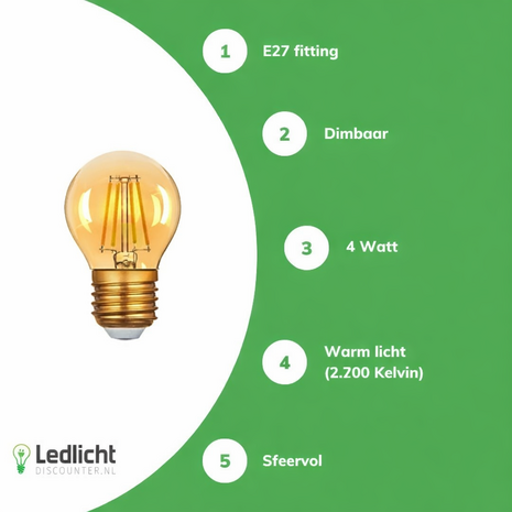 LCB LED Filament lamp dimbaar - E27 G45 - 4W vervangt 40W - 2200K extra warm wit licht