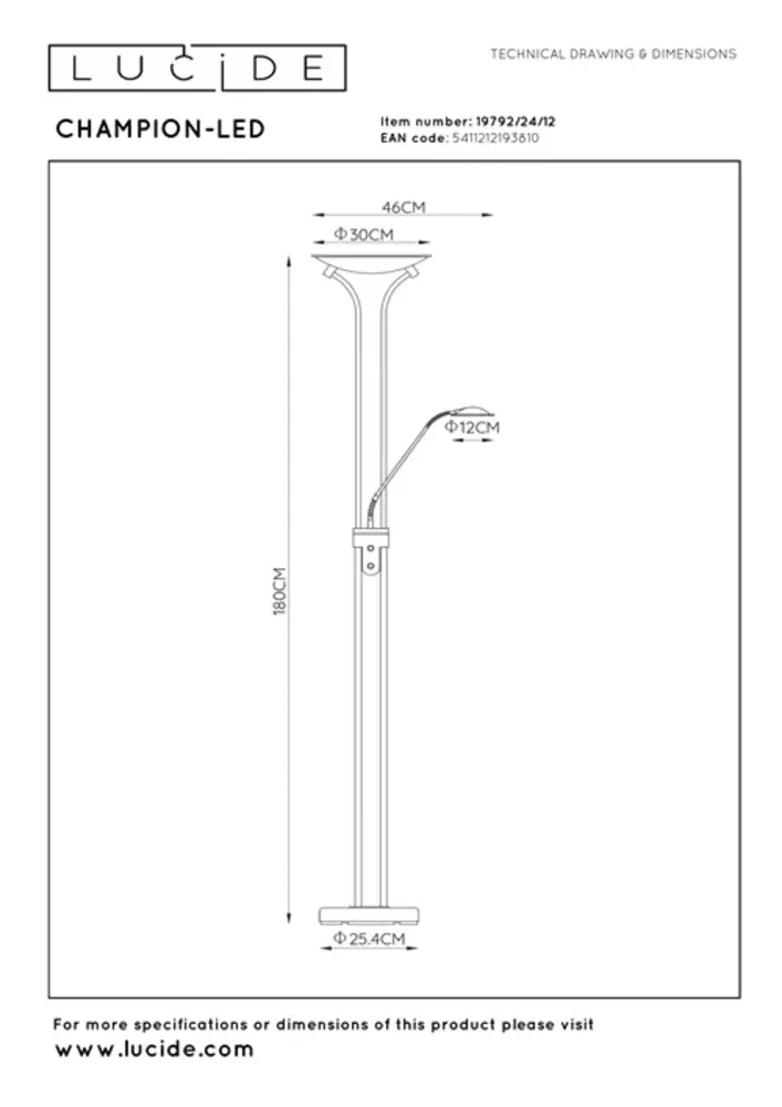 Lucide Lucide CHAMPION LED vloerlamp 24W 3000K Chrome Lucide Lucide CHAMPION LED vloerlamp 24W 3000K Chrome