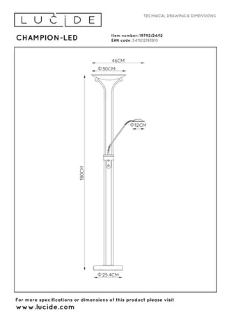 Lucide Lucide CHAMPION LED vloerlamp 24W 3000K Chrome Lucide Lucide CHAMPION LED vloerlamp 24W 3000K Chrome