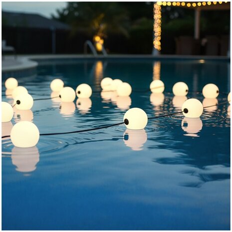 Kobi LED Lichtslinger - 7,5m 10x 1W 70lm - 2500K warm wit licht - IP67 - incl. 50cm aansluitstekker Kobi LED Lichtslinger - 7,5m 10x 1W 70lm - 2500K warm wit licht - IP67 - incl. 50cm aansluitstekker