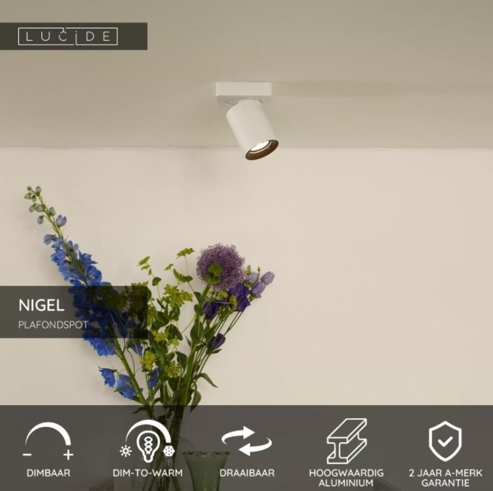 Lucide LED Opbouwspot Nigel Wit Zwart GU10 5W 2200K Dimbaar Lucide LED Opbouwspot Nigel Wit Zwart GU10 5W 2200K Dimbaar