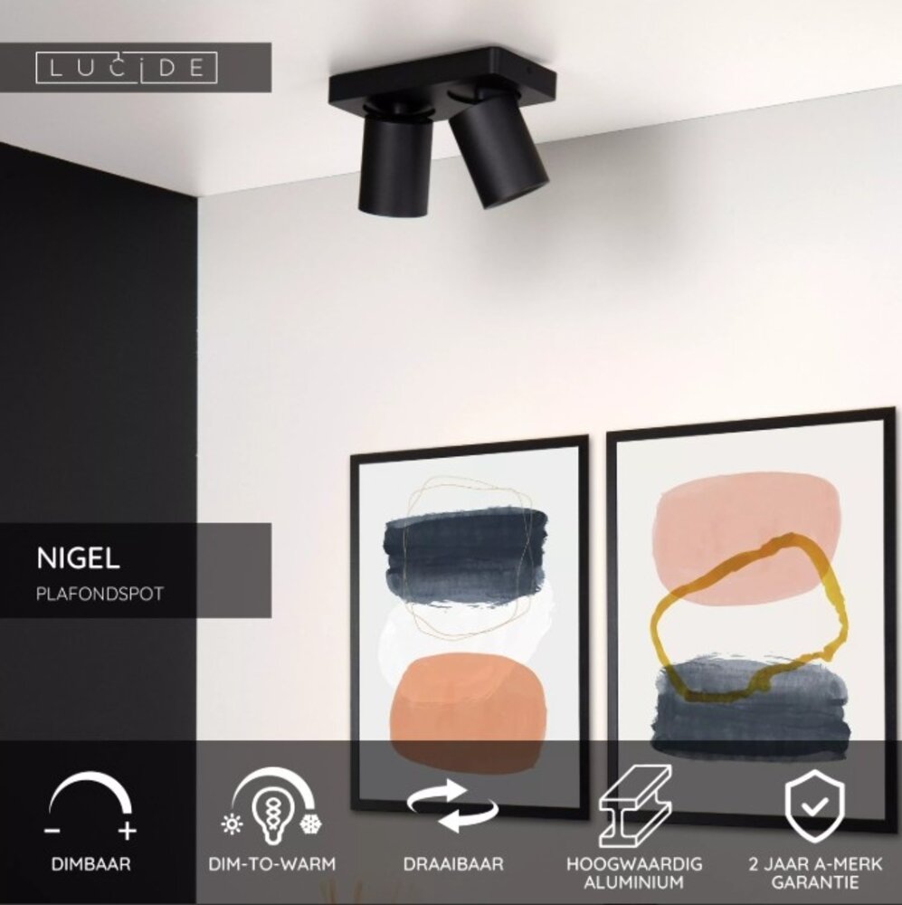 Lucide LED Dubbele Opbouwspot Nigel Zwart GU10 2x5W 2200K Dimbaar Lucide LED Dubbele Opbouwspot Nigel Zwart GU10 2x5W 2200K Dimbaar